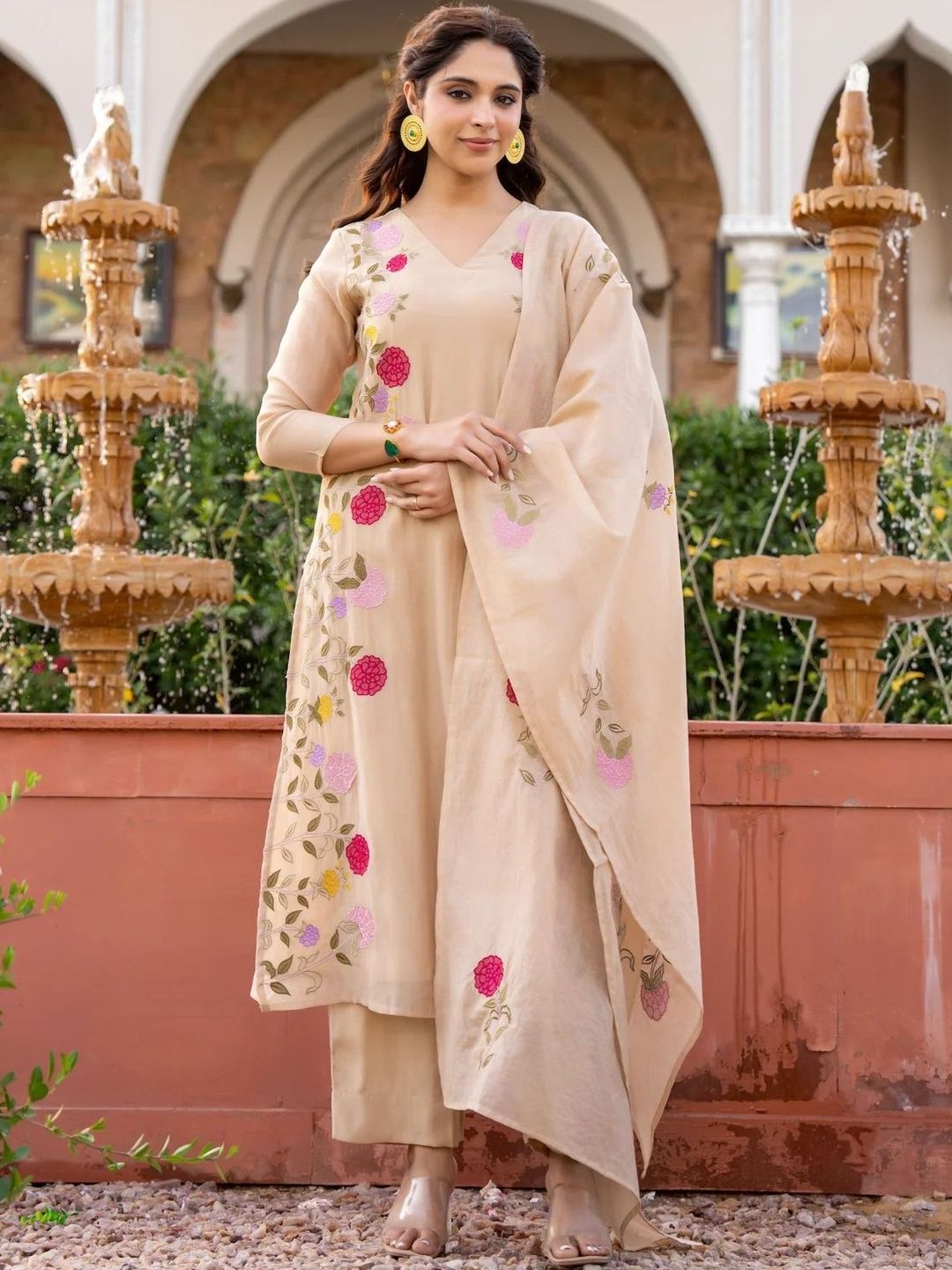 Pantos Women Floral Embroidered Regular Thread Work Chanderi Silk Kurta with Trousers & With Dupatta-picture-22