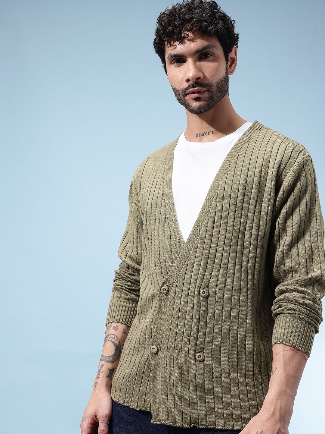 glitchez Self Striped V-Neck Double-Breasted Relaxed Fit Cardigan-picture-22