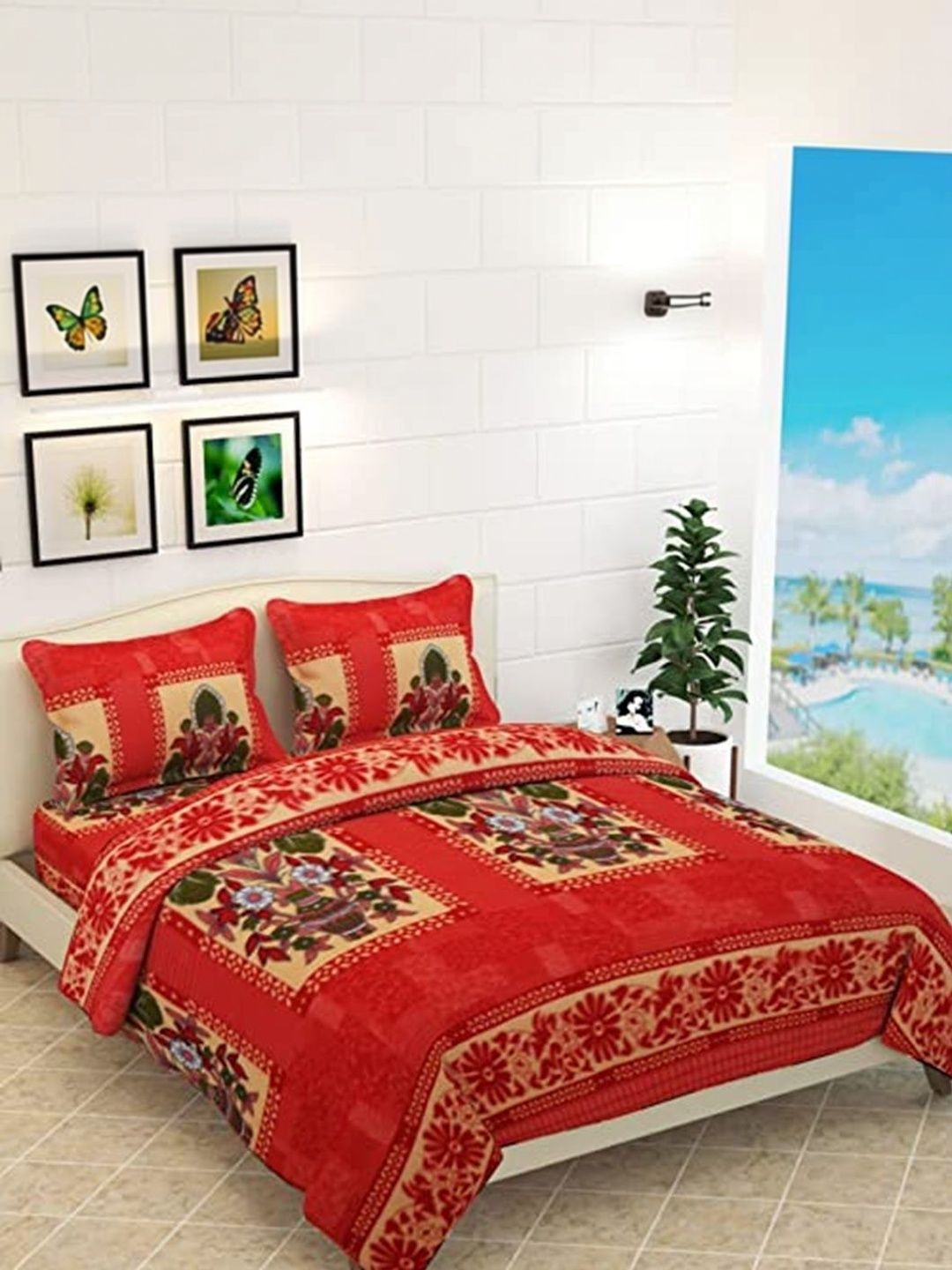 Quirky Home Red Floral 180 TC Bedsheet with 2 Pillow Covers-image-47