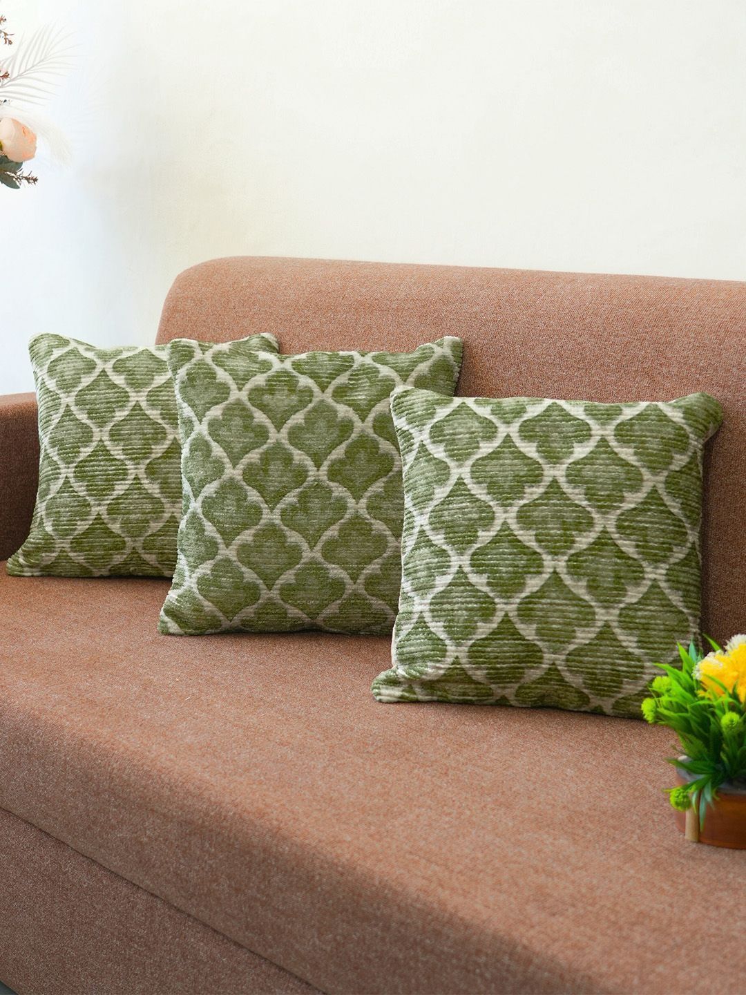 Kaleen India Green Set of 3 Floral Square Cushion Covers-image-6