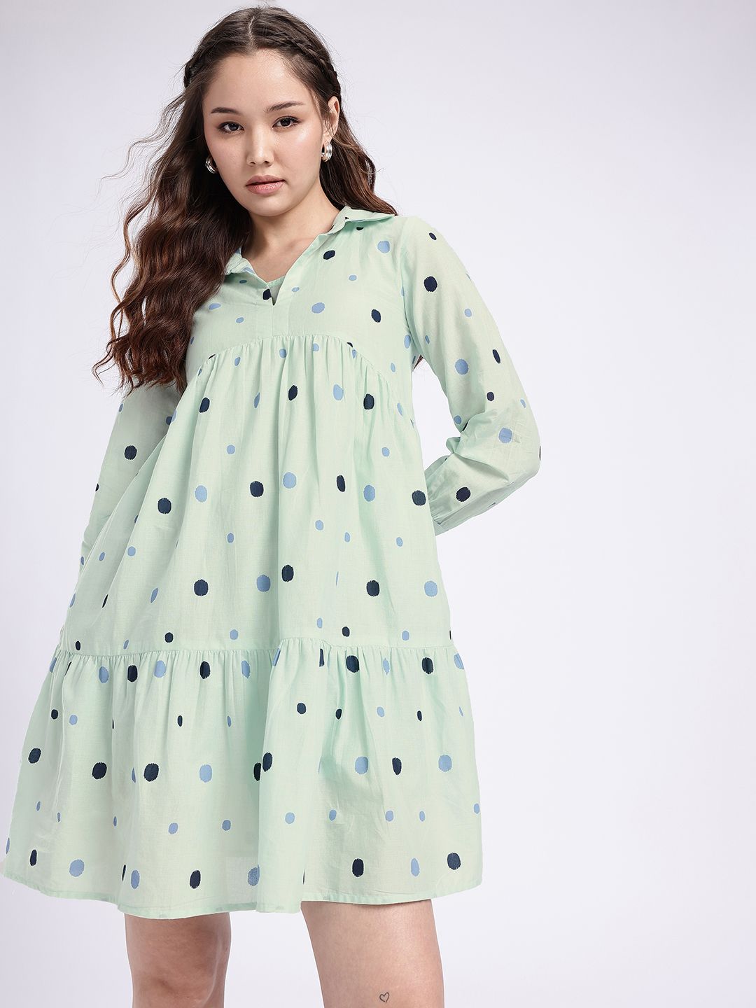 fusion by glitchez Polka Dot Printed Shirt Collar A-Line Mini Dress-picture-24