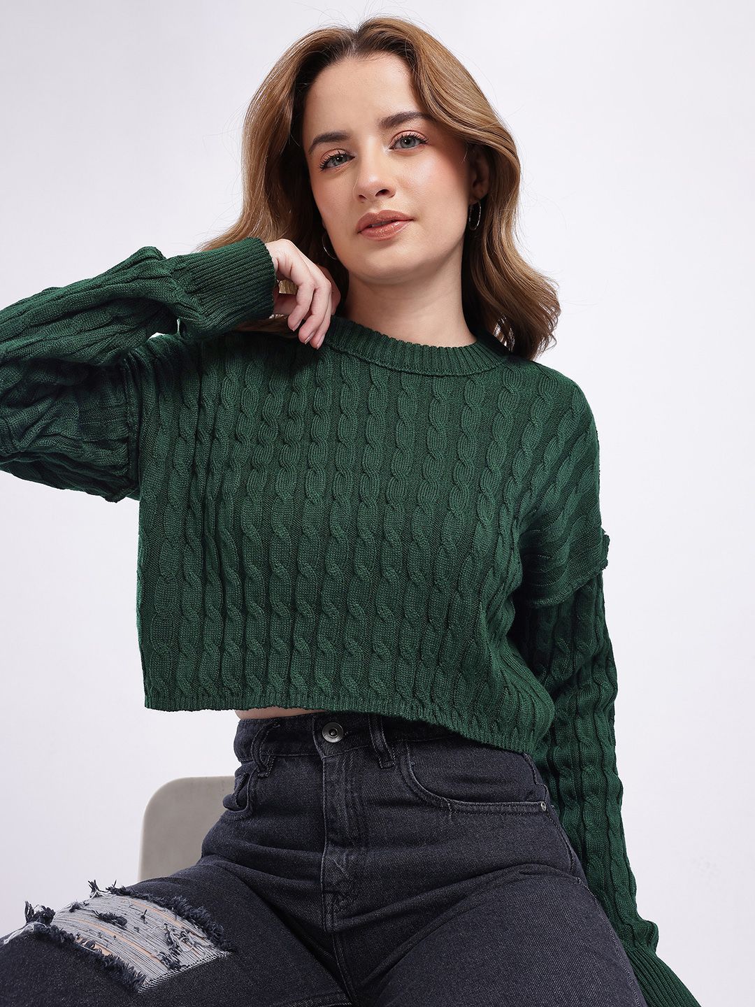 glitchez Cable Knit Self Design Crop Oversized Pullover Sweaters-picture-42