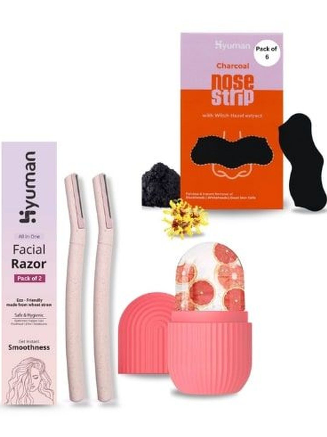 HYUMAN Set Of 3 Facial Razor- Ice Massager & Charcoal Nose Strips- 6 Pcs