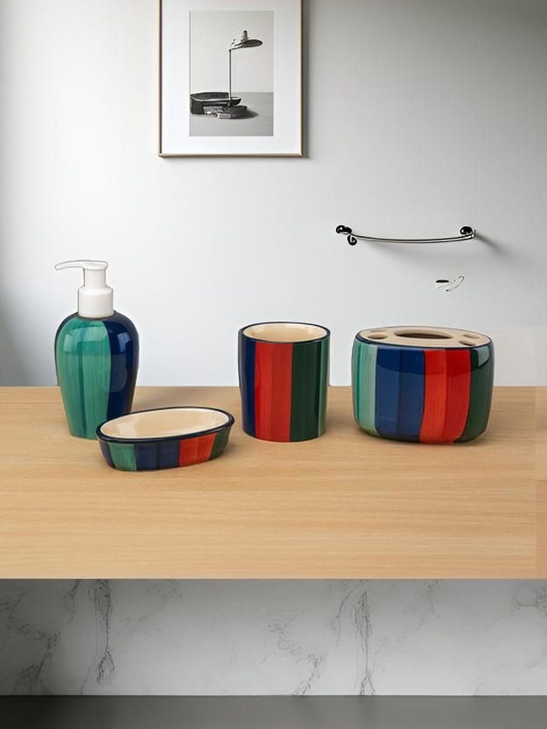 HINDUSTANI SAUDAGAR Multicoloured & Multicoloured 4 piece Striped Ceramic Bath Accessories Set-picture-17