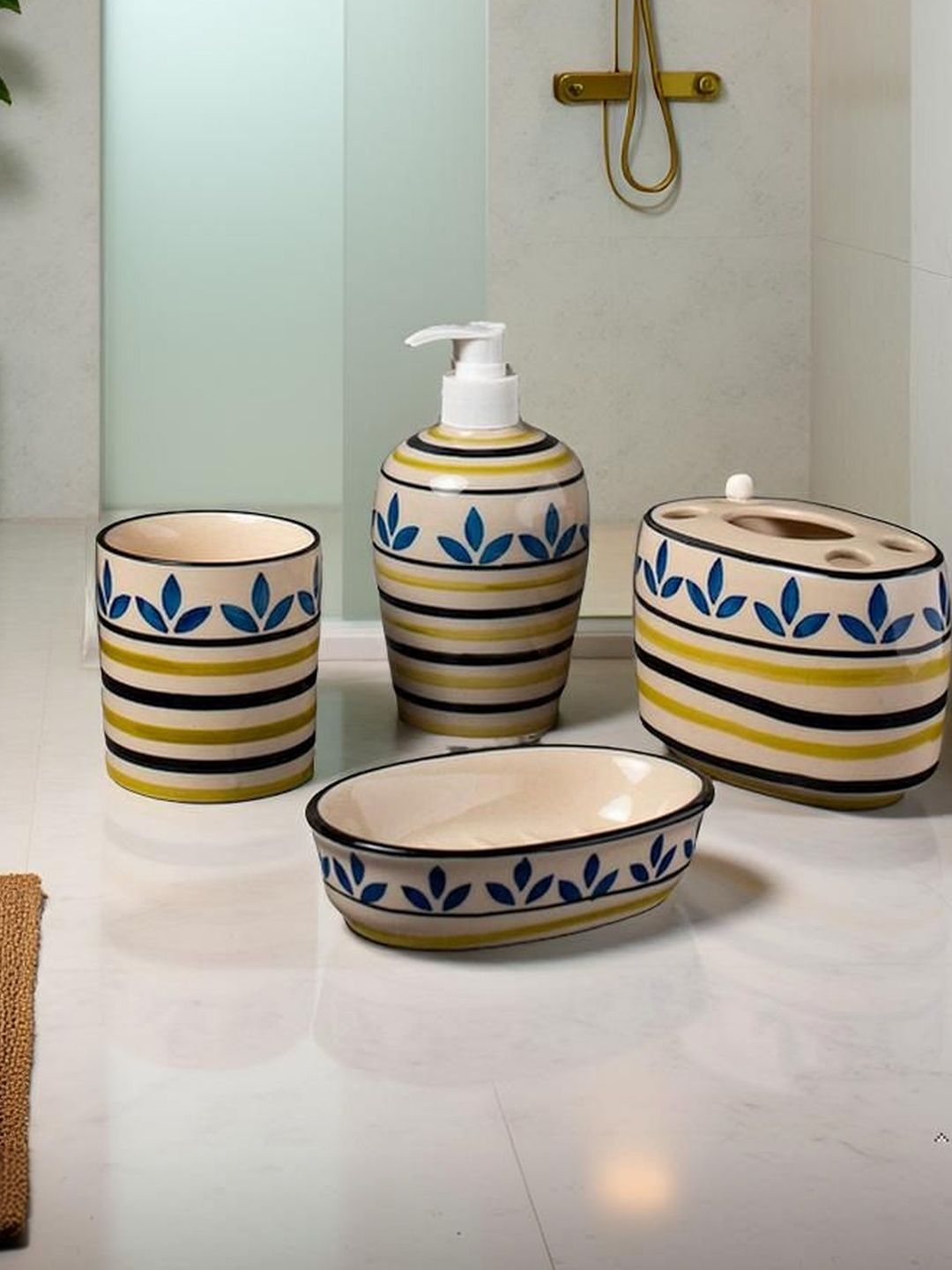 HINDUSTANI SAUDAGAR Cream-Coloured 4 piece Floral Ceramic Bath Accessories Set-picture-42