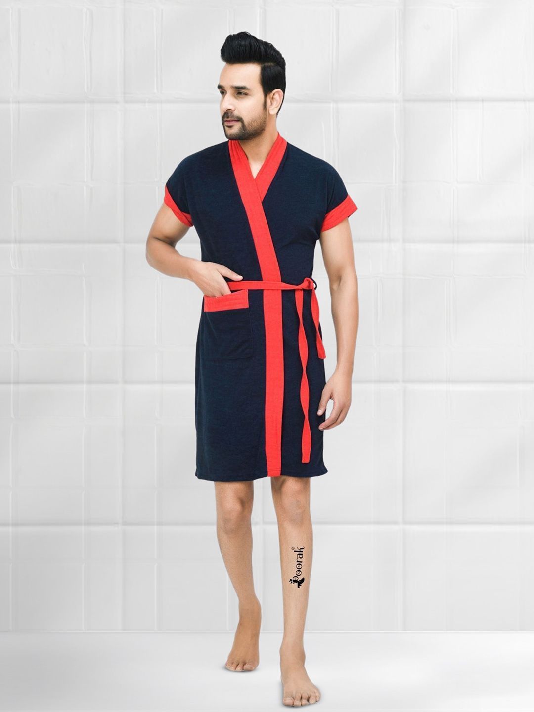 POORAK Colourblocked Shawl Collar Bath Robe With Belt-image-32