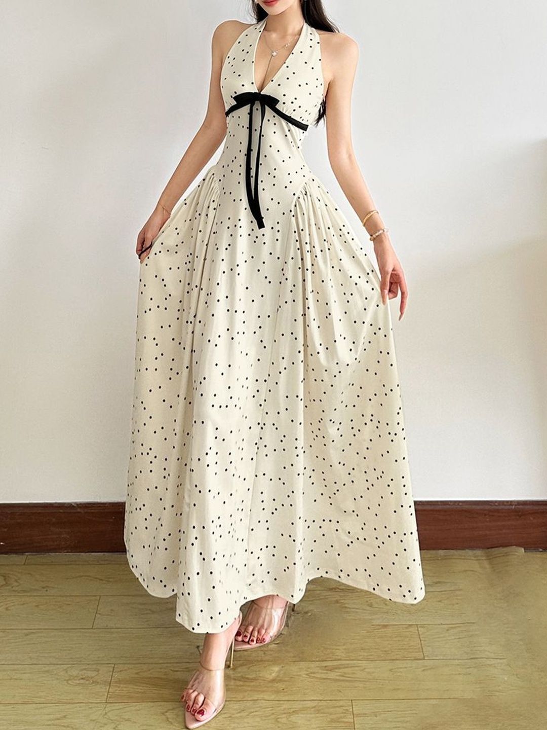bebe Polka Dot Print Halter Neck A-Line Maxi Dress-picture-18