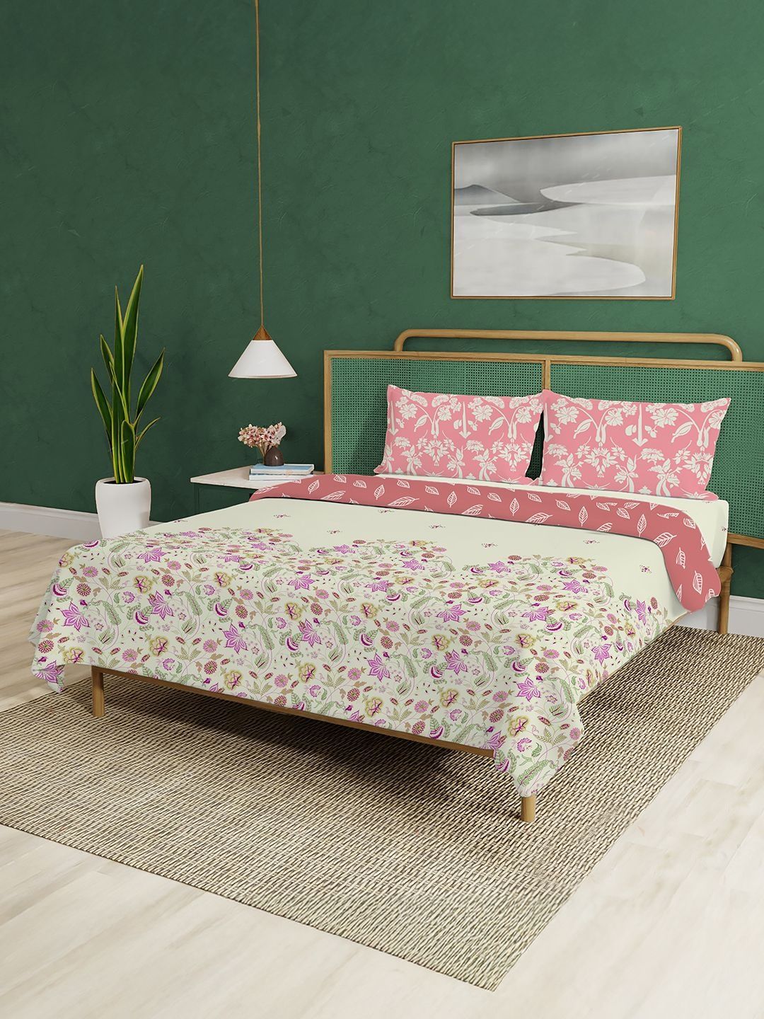 URBAN SPACE Peach-Coloured & White Floral Cotton 2 Piece Double Queen Superfine Bedding Set-picture-22