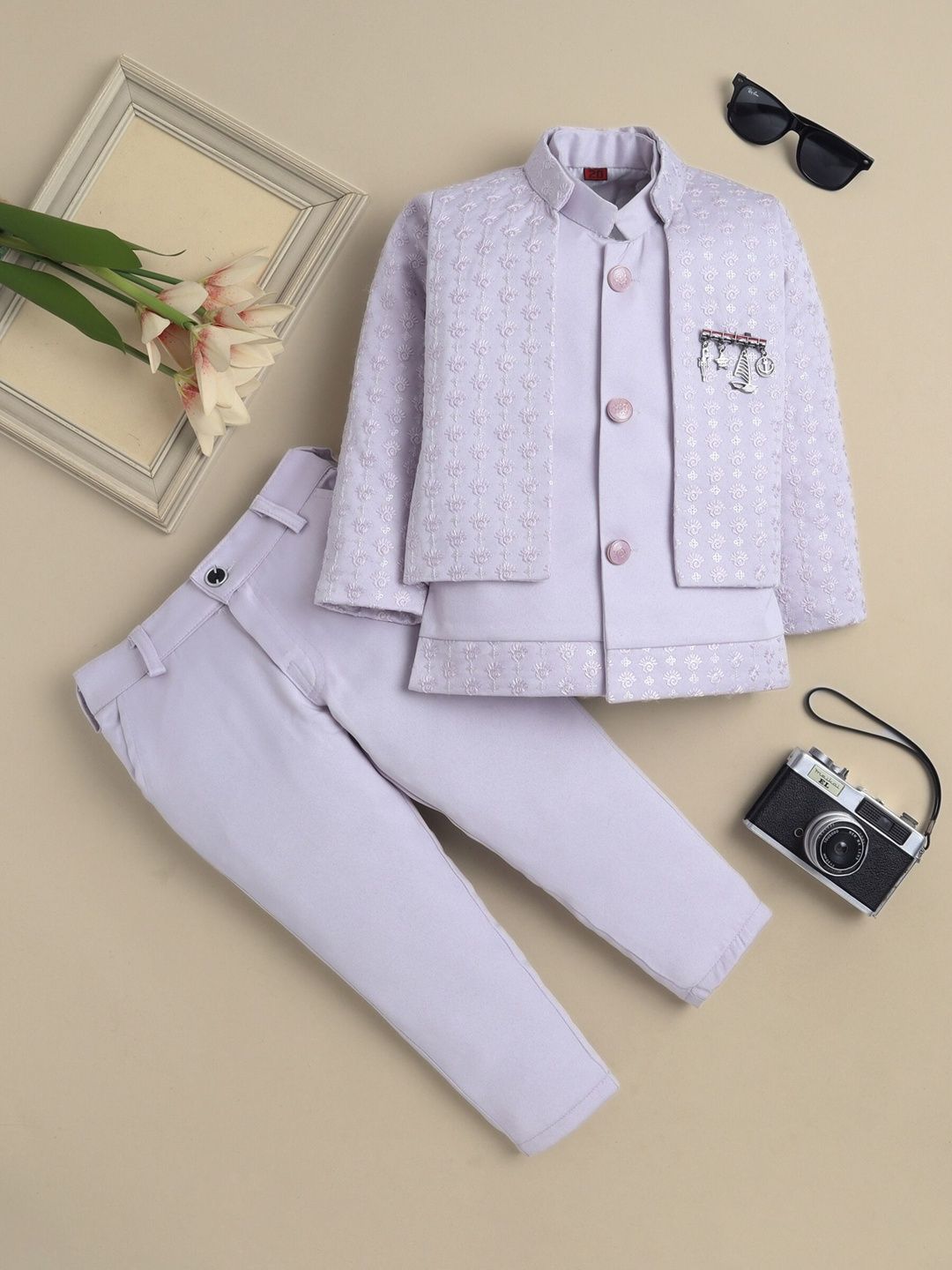 Sangria Boys Embroidered Mandarin Collar Sherwani Set-picture-36