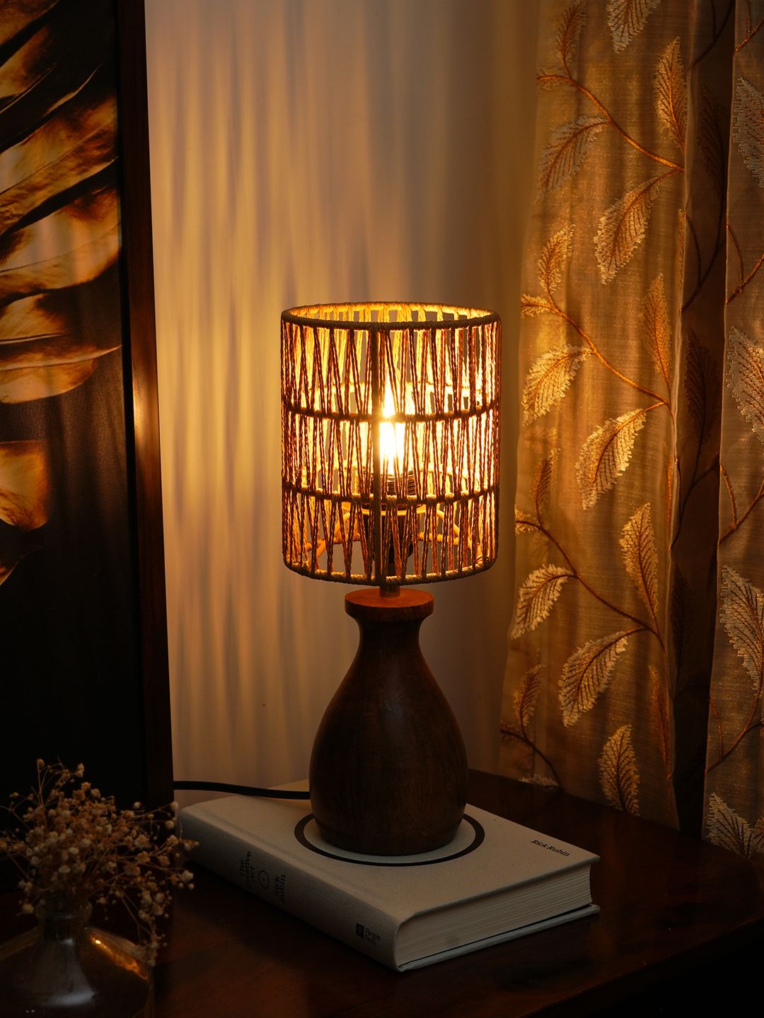 green girgit Brown Wood Cylindrical Shaped Table Lamp with Bulb-picture-14