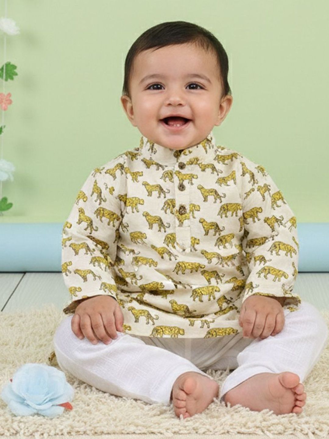 Sangria Boys Tiger Printed Pure Cotton Mandarin Collar Straight Kurta & Pyjamas-picture-30