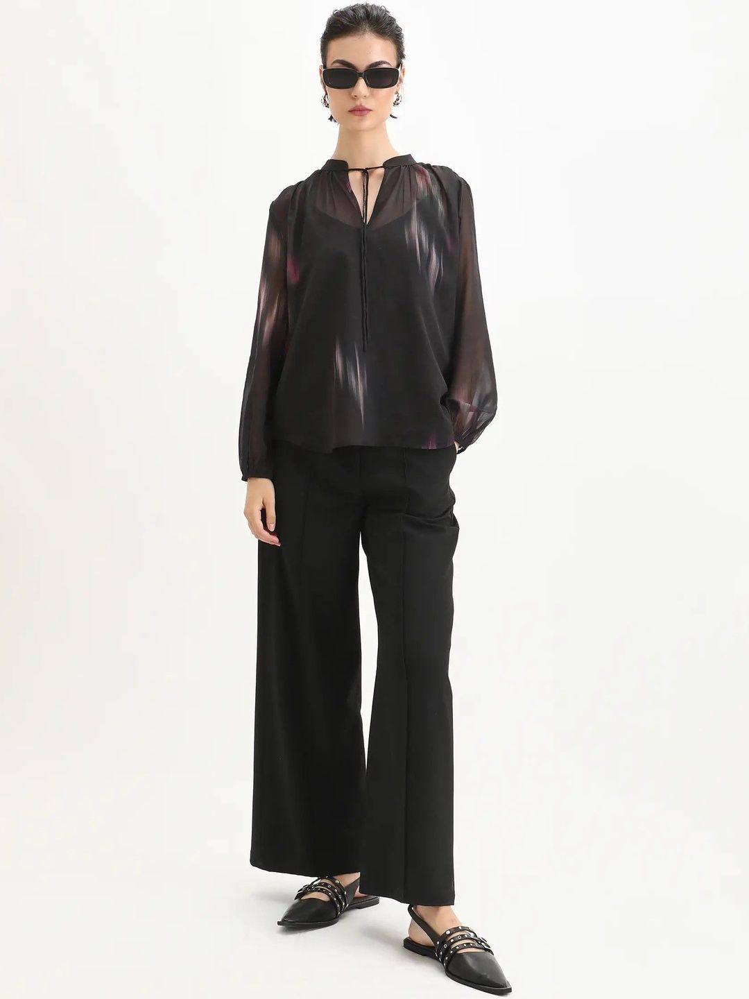 RAREISM Print Tie-Up Neck Puff Sleeve Top-image-3