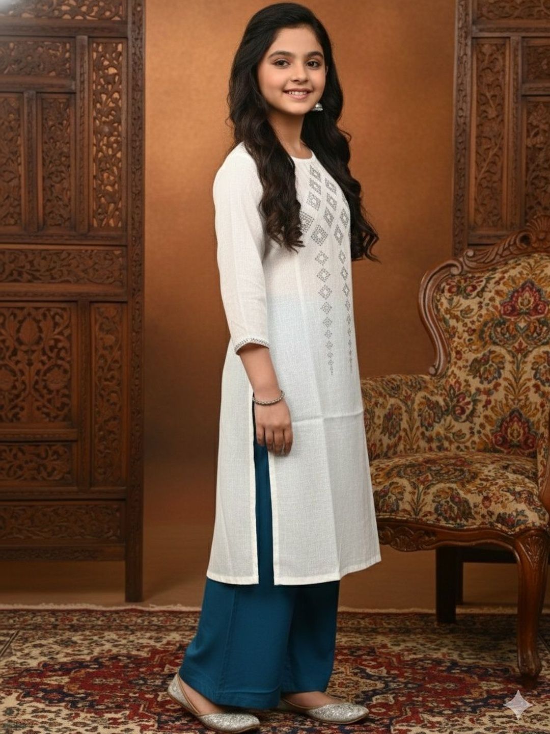 Sangria Girls Embellished Cotton Round Neck Calf Length A-Line Kurtas