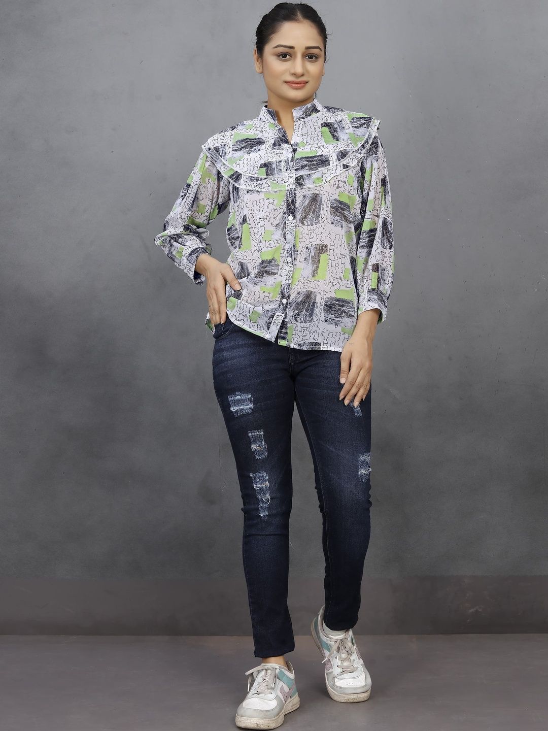 Moda Rapido Print Mandarin Collar Ruffles Georgette Top-picture-30