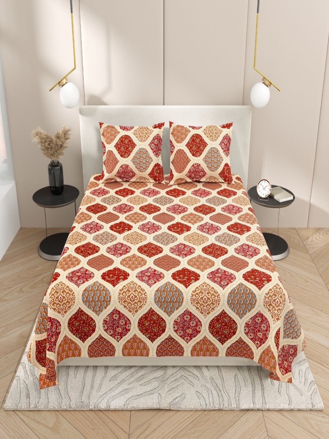 Sangria Orange Floral Cotton Soft Feel 120 TC Double Fine Bedsheets 90 In x 100 In-picture-25