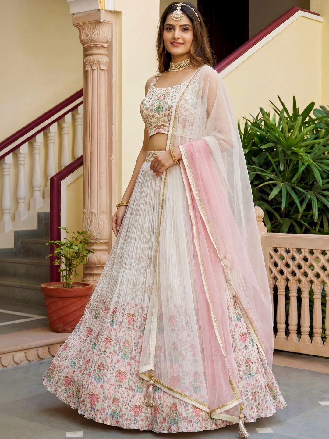 ETHNIC PLUS Embroidered Thread Work Semi-Stitched Lehenga & Blouse With Dupatta