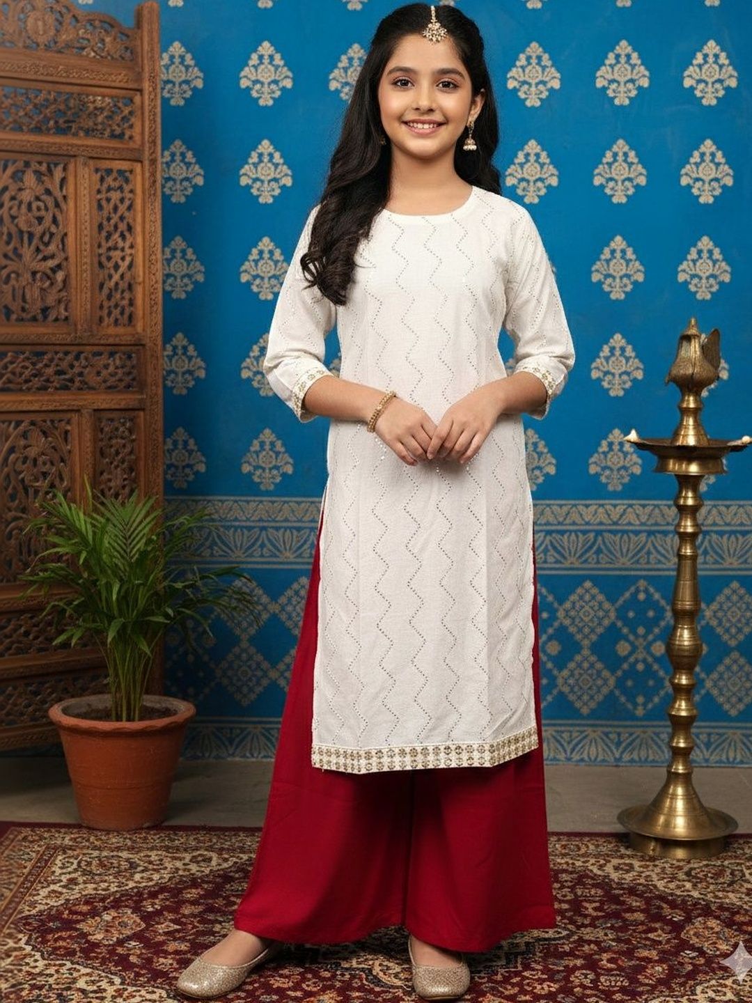 Sangria Girls Embroidered Cotton Round Neck Calf Length A-Line Kurtas