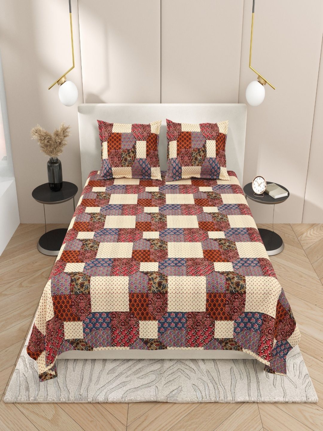 Sangria Cream Checked Cotton Soft Feel 120 TC Double Fine Bedsheets 90 In x 100 In-picture-31