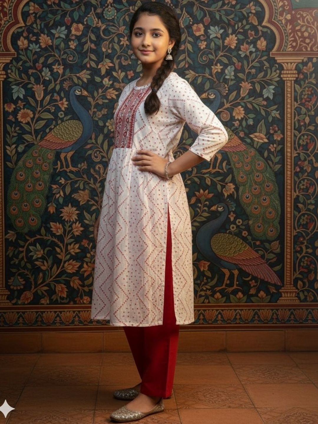 Sangria Girls Embroidered Cotton Round Neck Calf Length A-Line Kurtas