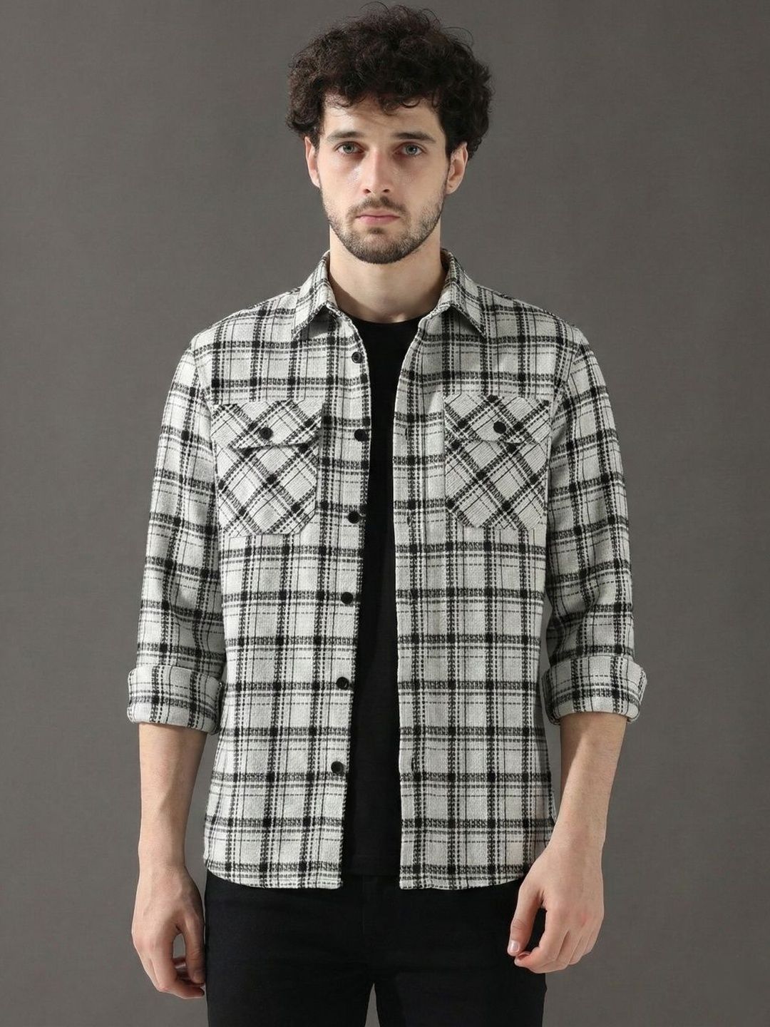 COMBRAIDED Checked Pure Cotton Spread Collar Shacket-picture-57