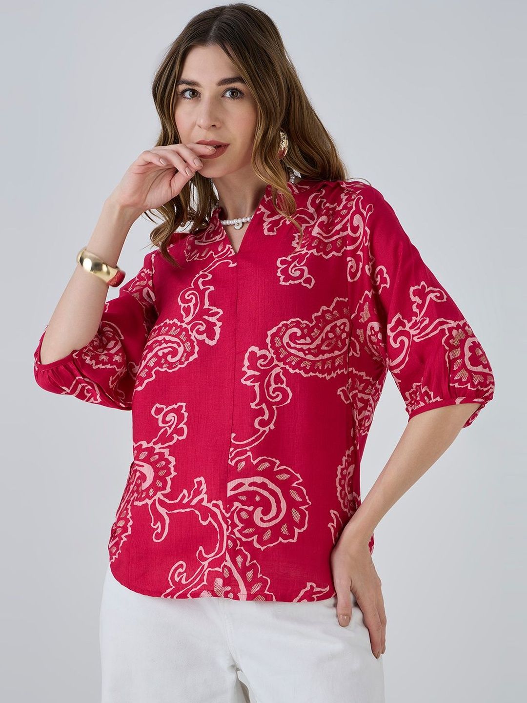 HERE&NOW Print Mandarin Collar Ethnic Top-picture-40