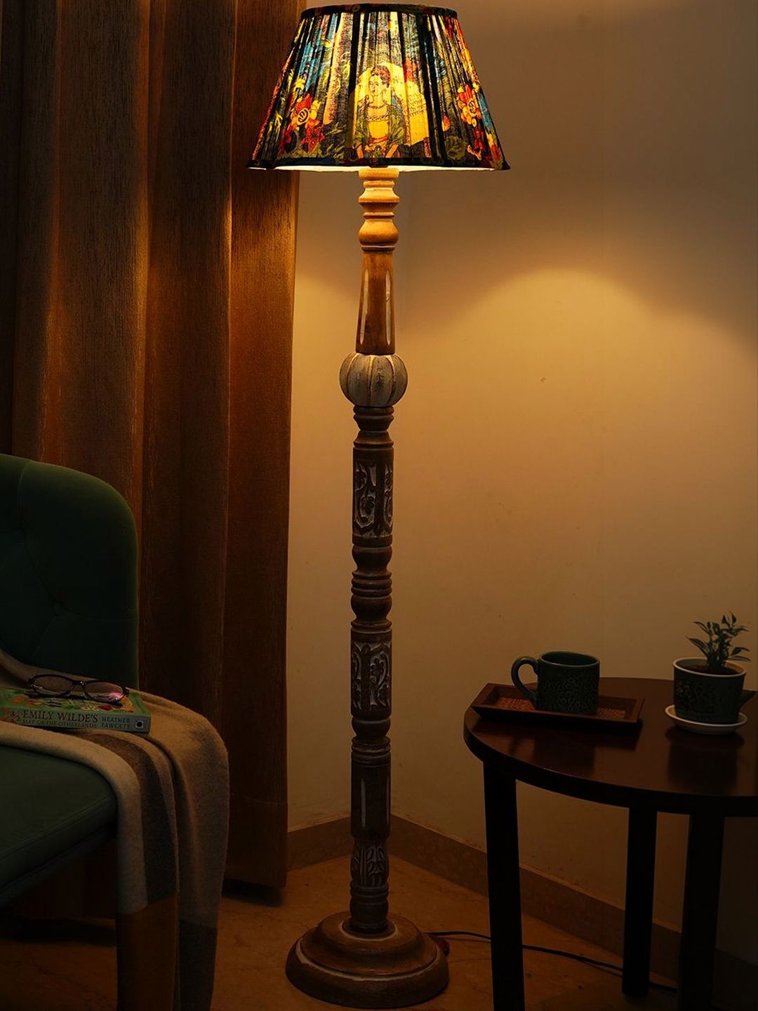 green girgit Brown & Black Printed Wooden Frustum Floor Lamps-image-43