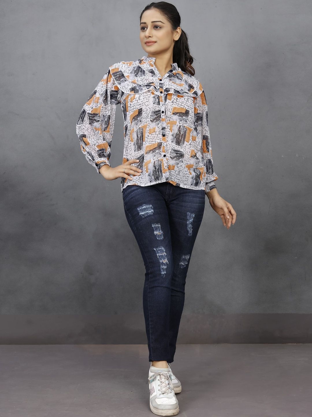 Moda Rapido Print Mandarin Collar Bishop Sleeves Ruffles Georgette Top-picture-32