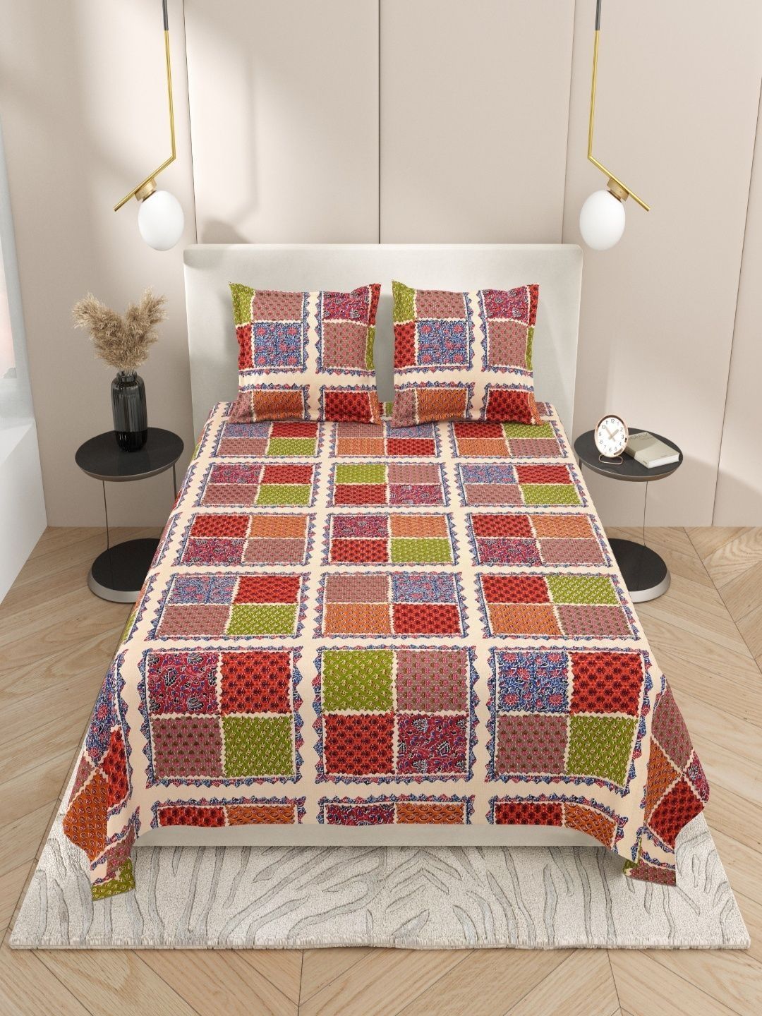 Sangria Green Checked Cotton Soft Feel 120 TC Double Fine Bedsheets 90 In x 100 In-image-39