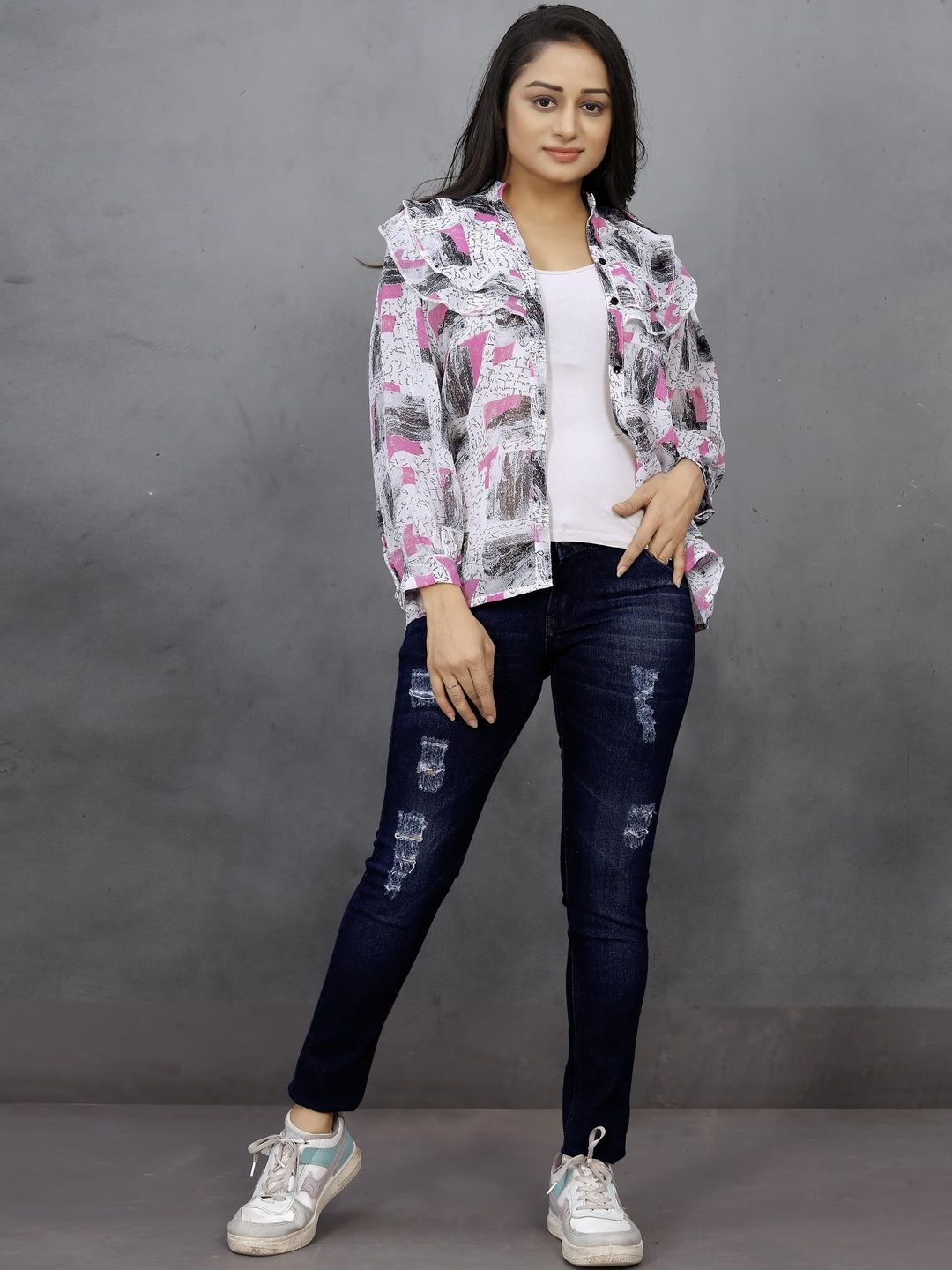 Moda Rapido Print Ruffles Georgette Shirt Style Top-picture-50