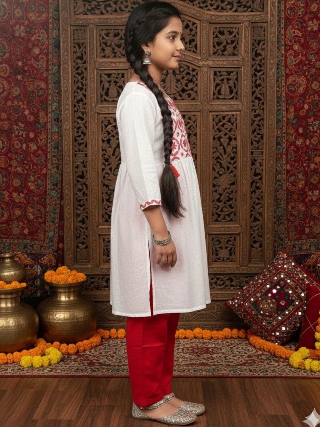 Sangria Girls Embroidered Cotton Round Neck Calf Length A-Line Kurtas-picture-56