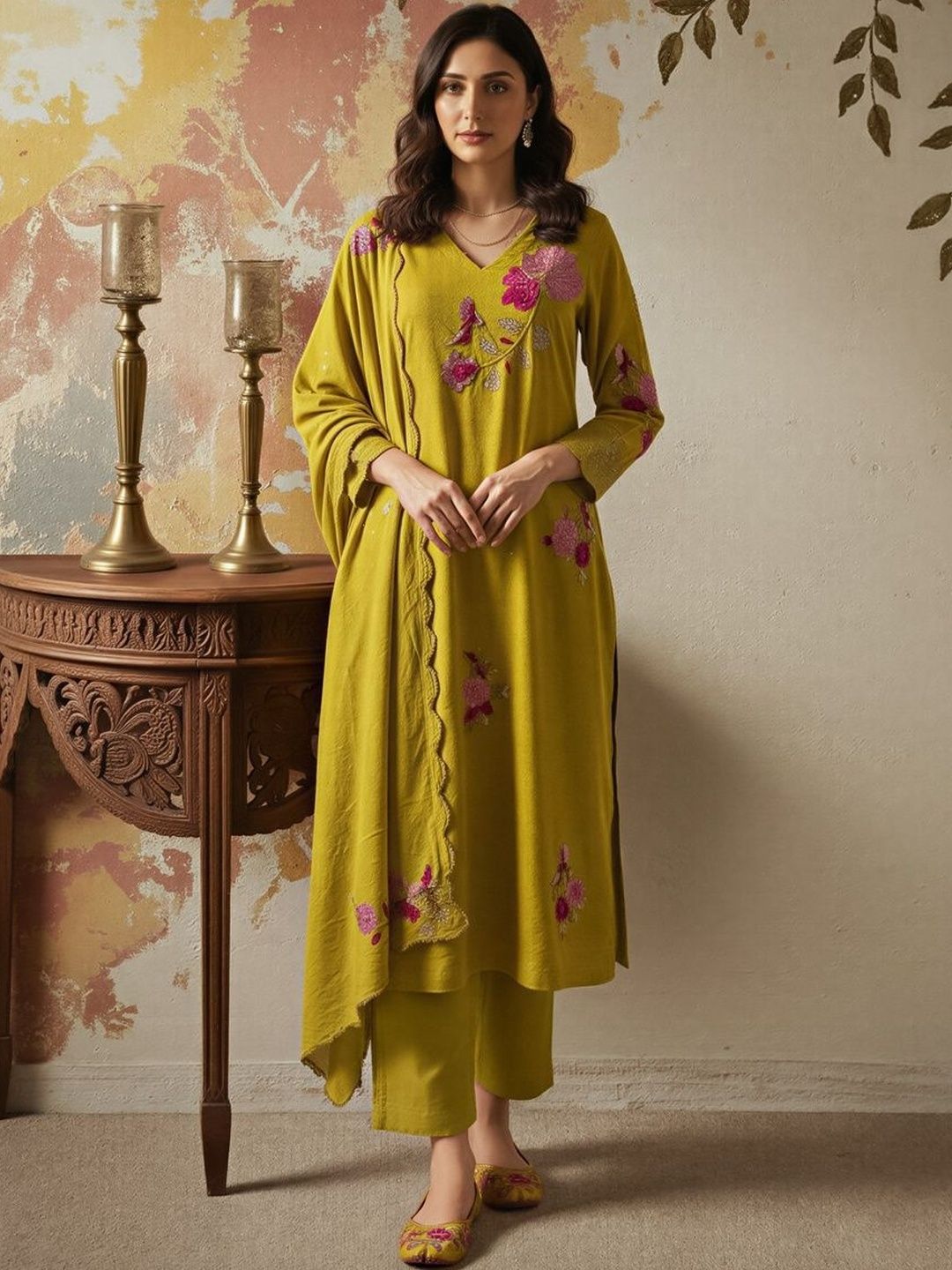 Moda Rapido Women Floral Embroidered Regular Thread Work Chanderi Silk Kurta with Trousers & With Dupatta-picture-42