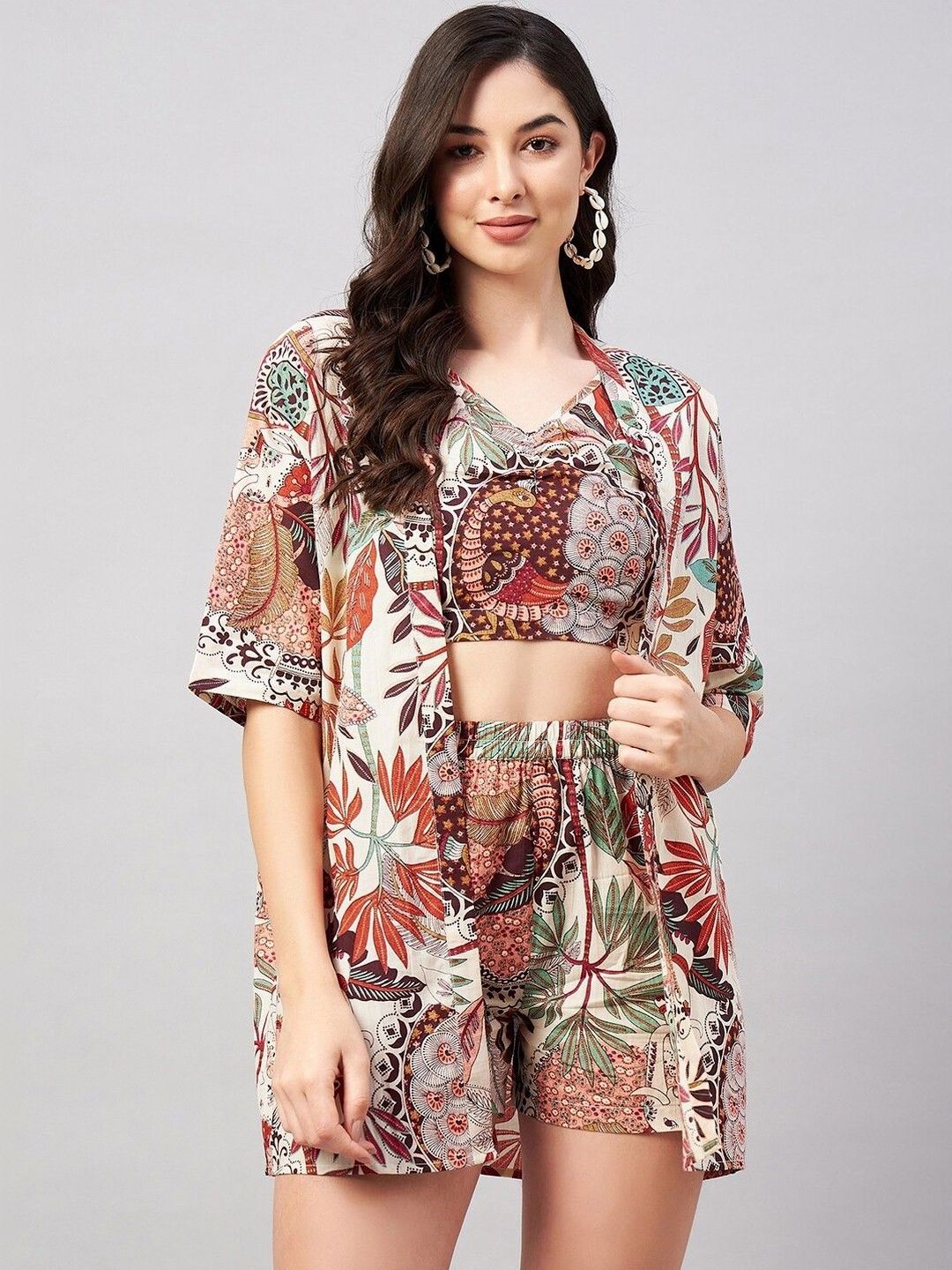 HERE&NOW Women Floral Printed Regular Top with Trousers-image-15