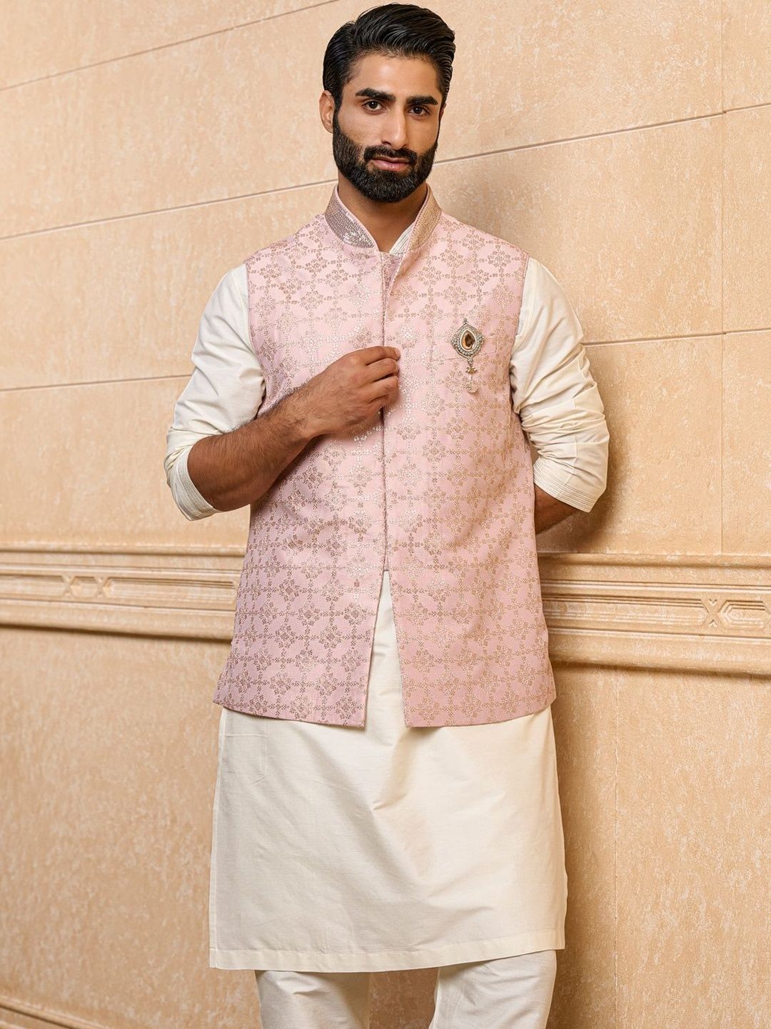 Tasva Embroidered Woven Mandarin Collar Nehru Jackets-image-39