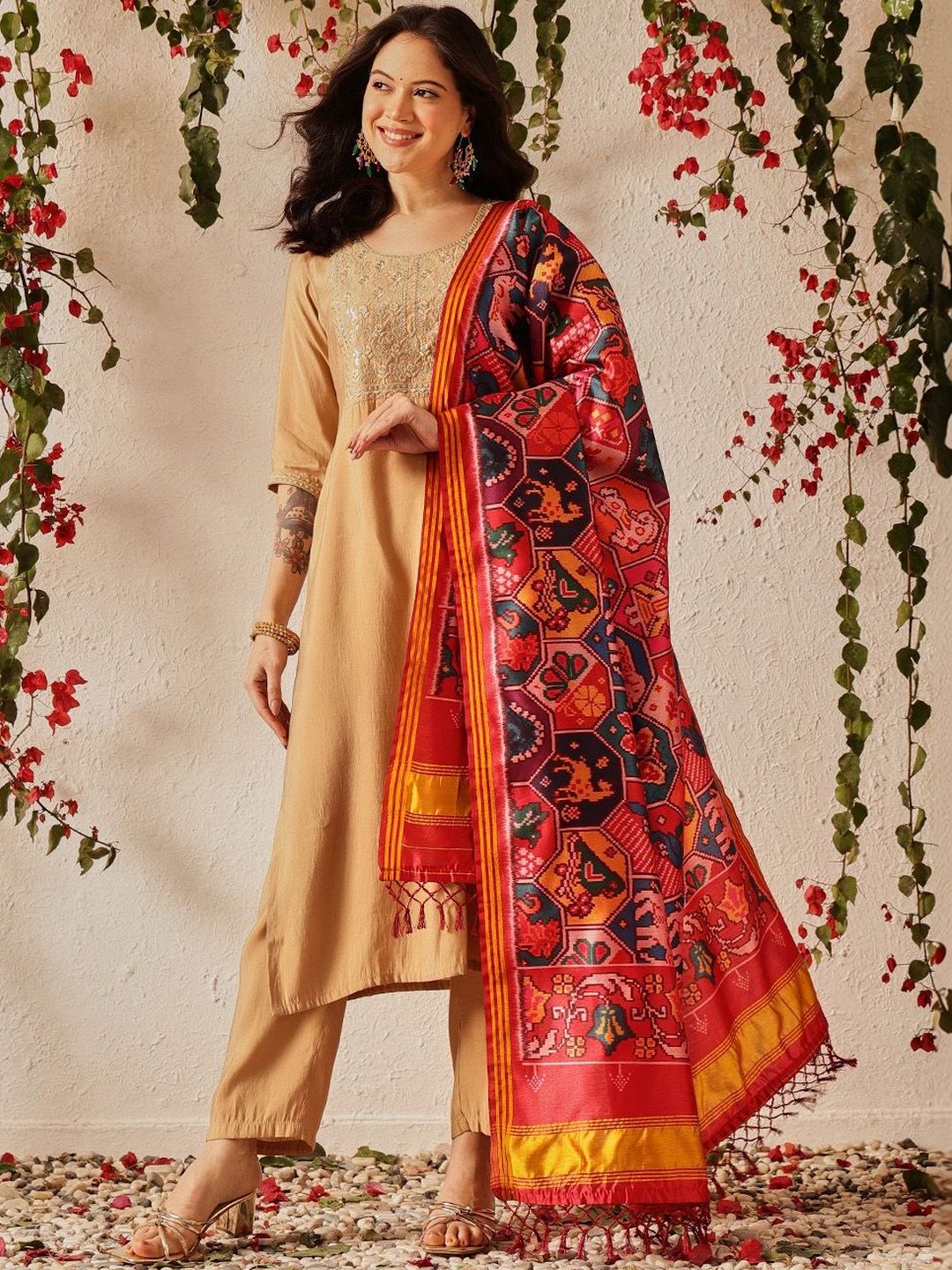 Silk Land Printed Ikat Dupatta with Zari-image-40