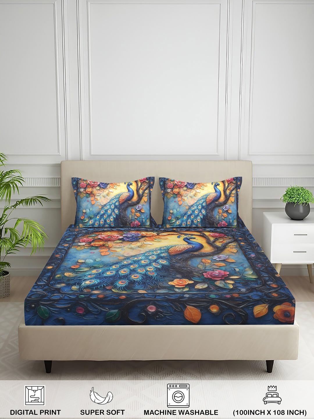Signature Blue & Yellow Graphic 144 TC King Bedsheet with 2 Pillow Covers-image-34