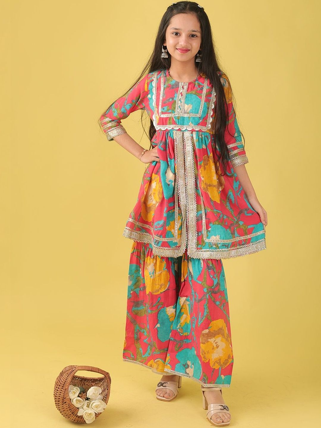 BAESD Girls Floral High Slit Gotta Patti Pure Cotton Kurta with Sharara-picture-27