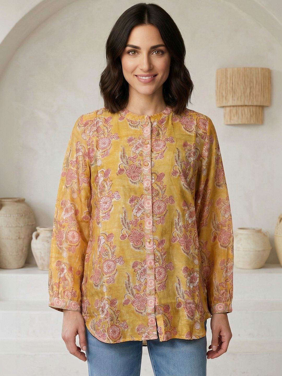 Folk Song Floral Print Mandarin Collar Cotton Top-picture-29