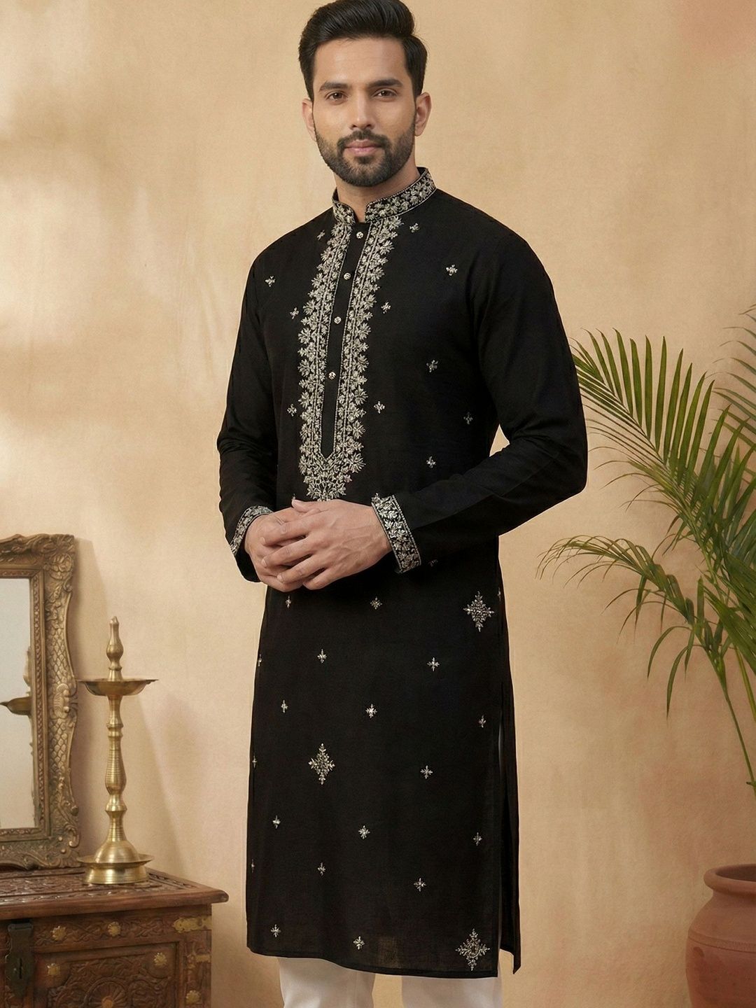 Jompers Men Geometric Embroidered Chikankari Kurta-picture-34