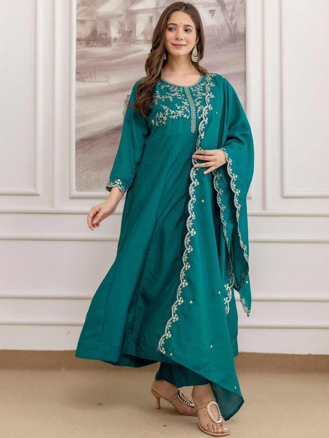 CaniBani Women Ethnic Motifs Embroidered Panelled Thread Work Kurta with Trousers & With Dupatta-picture-20