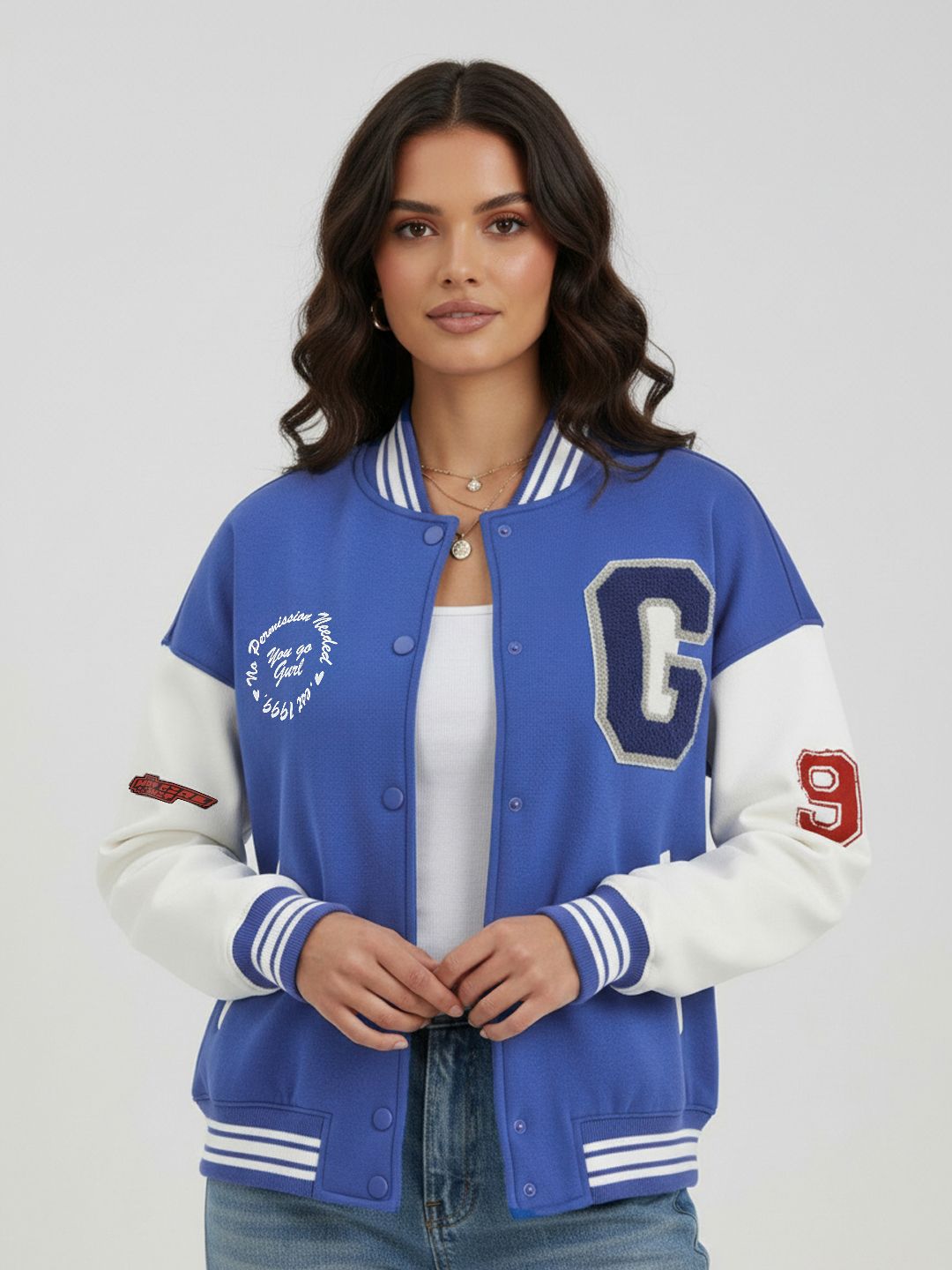 glitchez Typography Printed Stand Collar Oversized Varsity Jacket with Applique Detail-picture-49