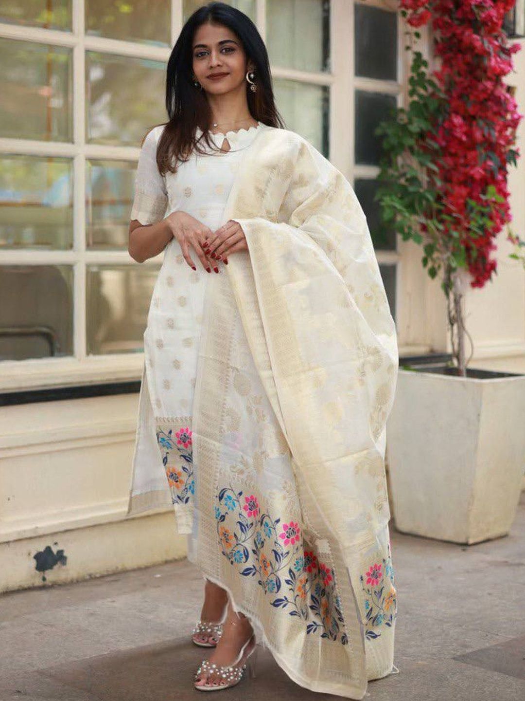 CaniBani Women Ethnic Motifs Regular Chanderi Silk Kurta with Trousers & With Dupatta-picture-20