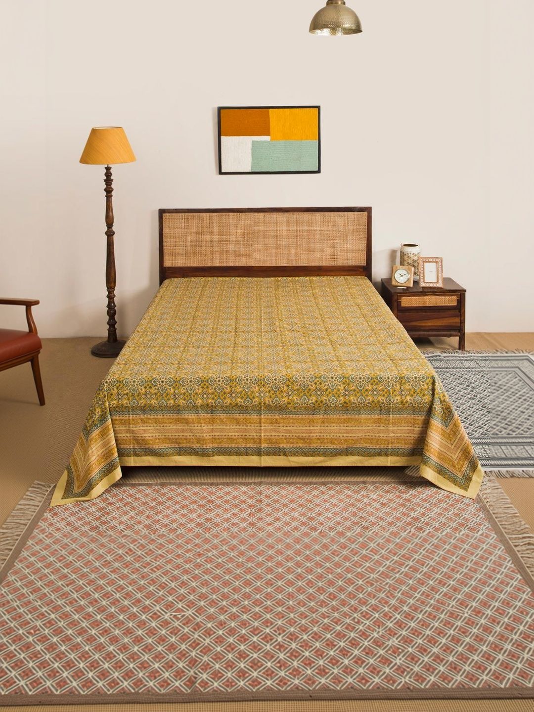 Fabindia Yellow & Teal Blue Printed 120 GSM King Bed Cover-image-43