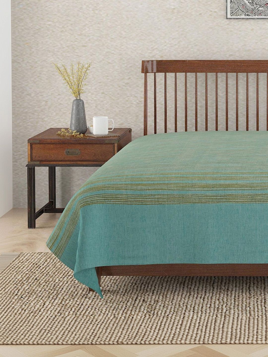 Fabindia Teal Green Striped 120 GSM King Bed Cover-picture-10