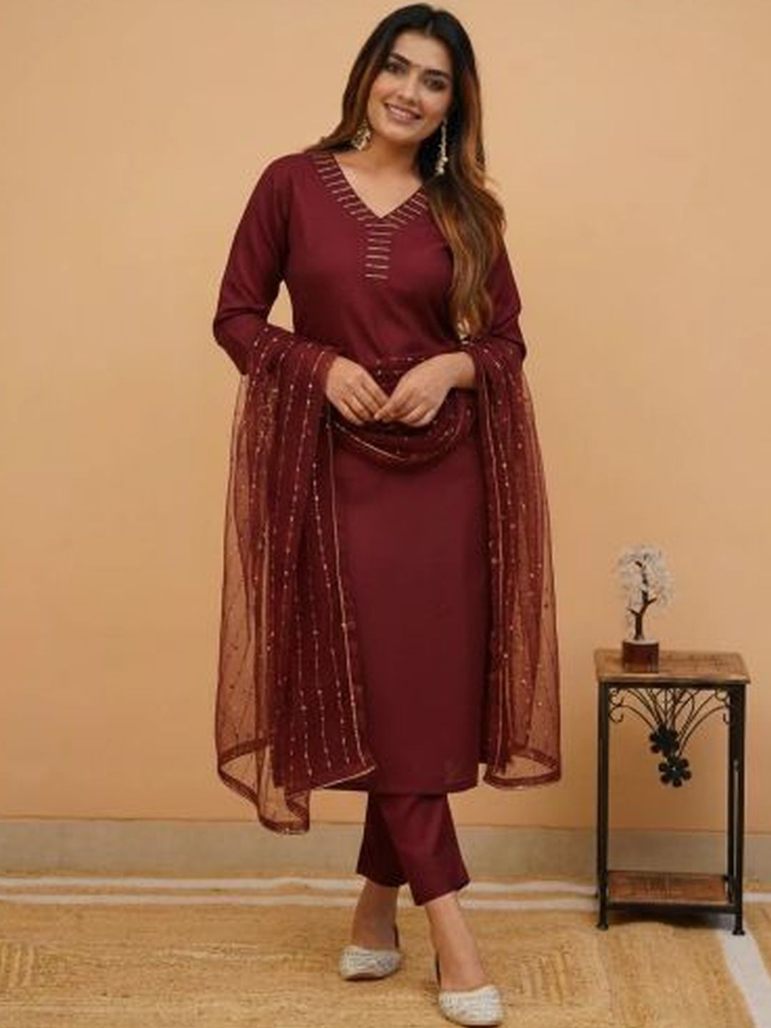 AG TEXTILE Women Ethnic Motifs Embroidered Regular Thread Work Kurta with Trousers & With Dupatta-image-8