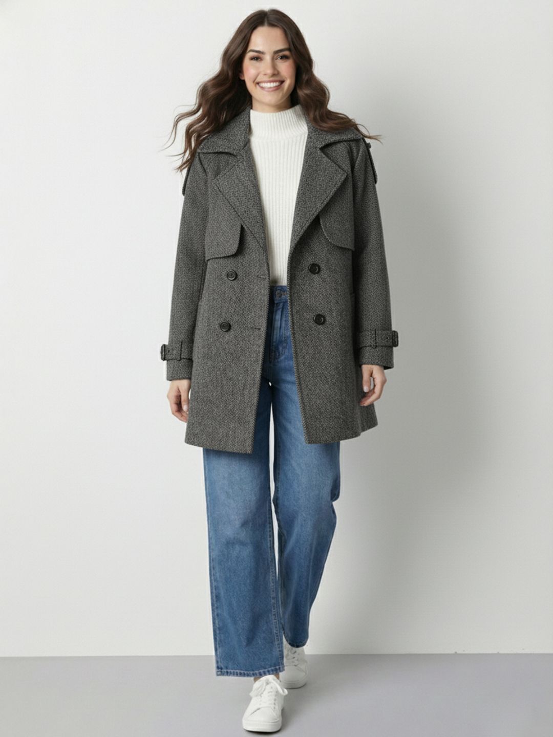 Mast & Harbour Notched Lapel Collar Double-Breasted Herringbone Longline Overcoat-picture-40