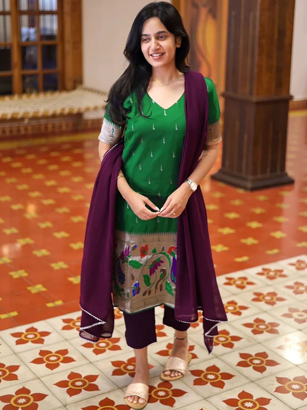 AG TEXTILE Women Ethnic Motifs Regular Chanderi Cotton Kurta with Trousers & With Dupatta-image-47