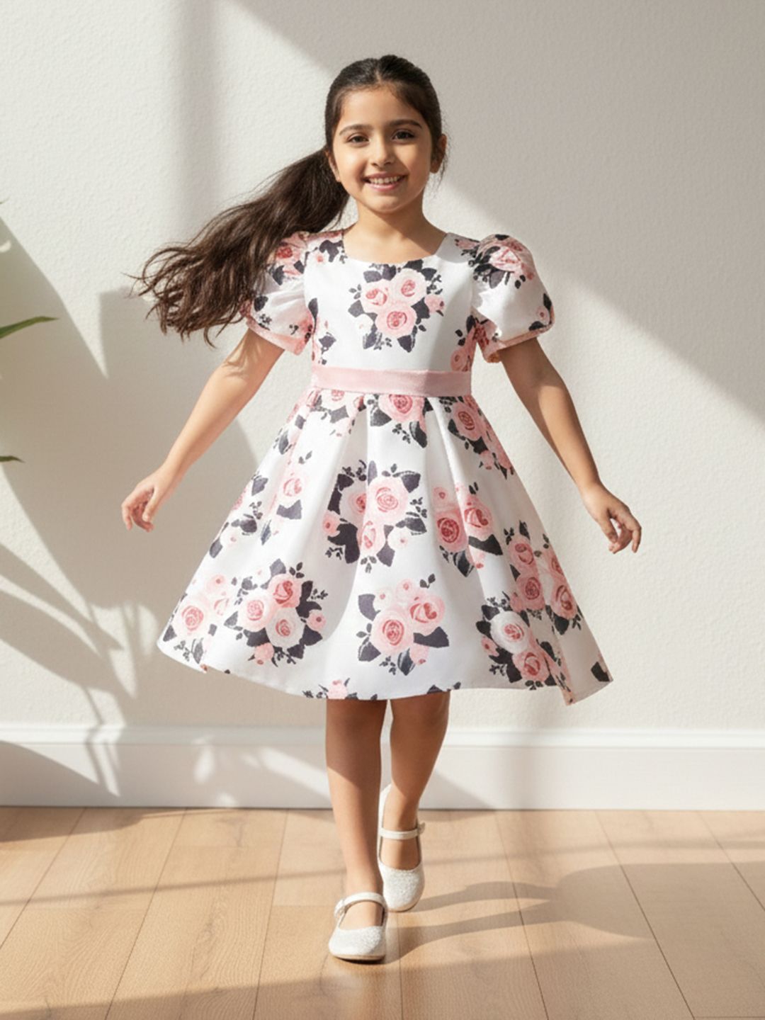 YK Girls Floral Print Puff Sleeve Fit & Flare Dress-picture-13
