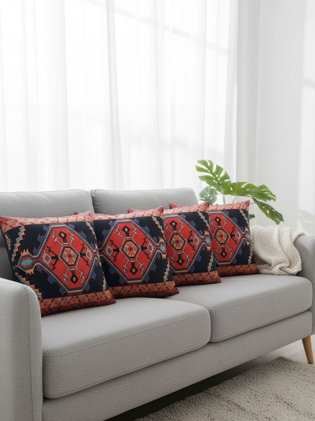 PRAKARTIK Red & Black Set of 4 Geometric Square Cushion Covers-image-40