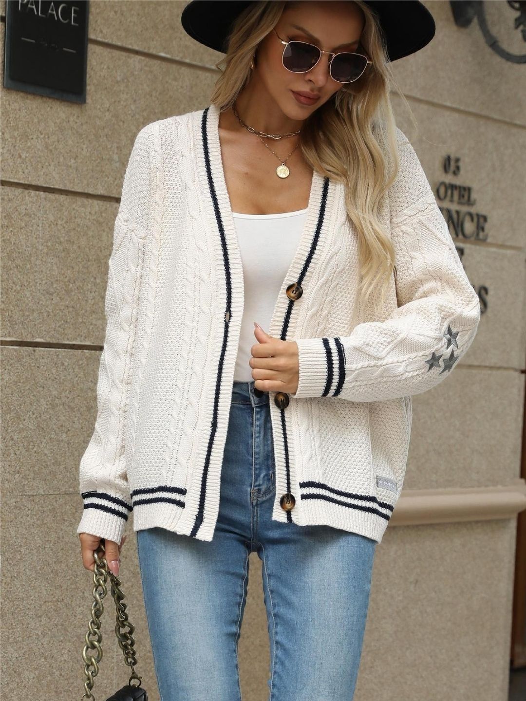 KPOP Women Cable Knit Cardigan with Applique Detail-picture-41