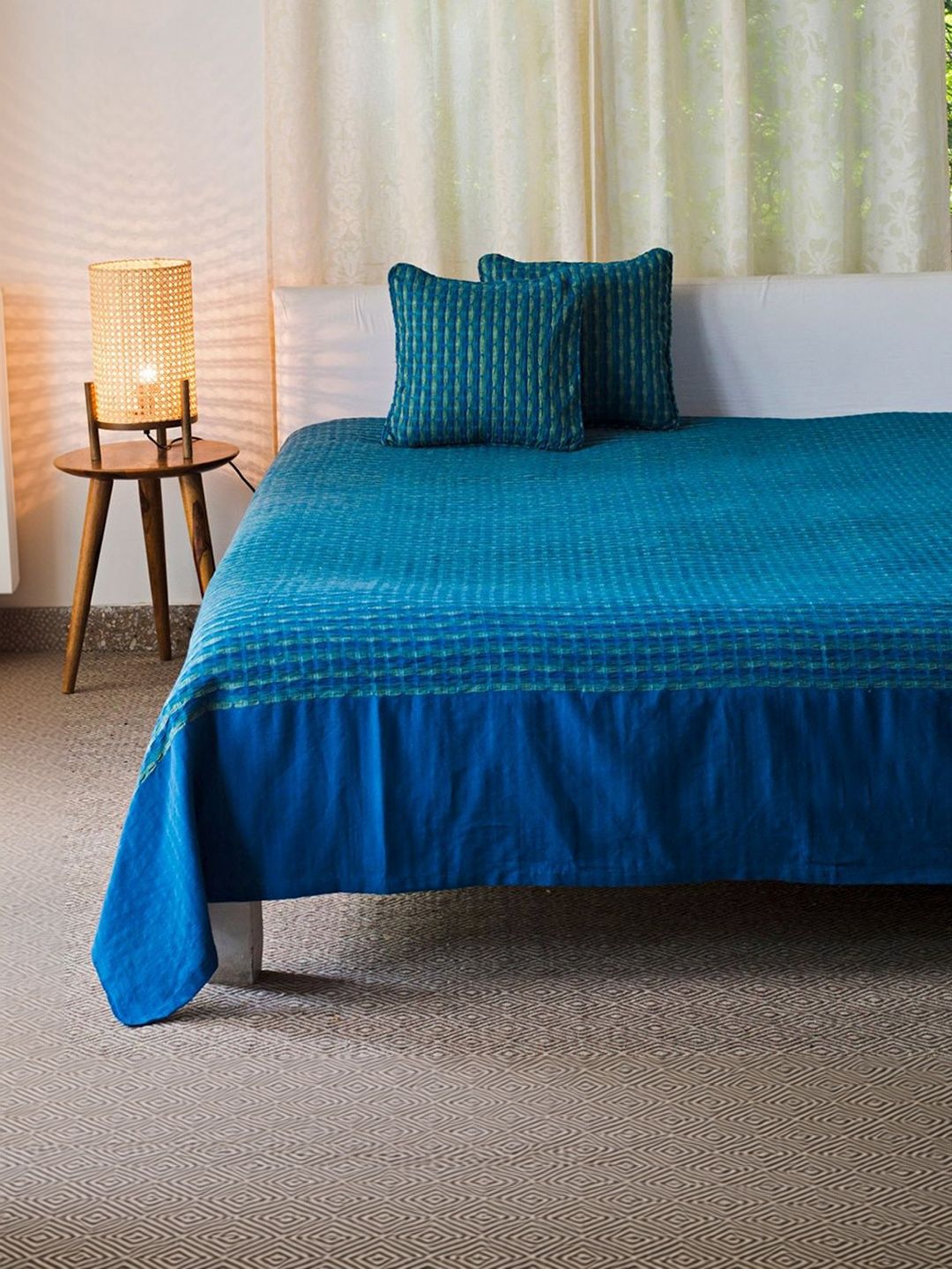 Fabindia Blue Woven Design 120 GSM King Bed Cover-image-30